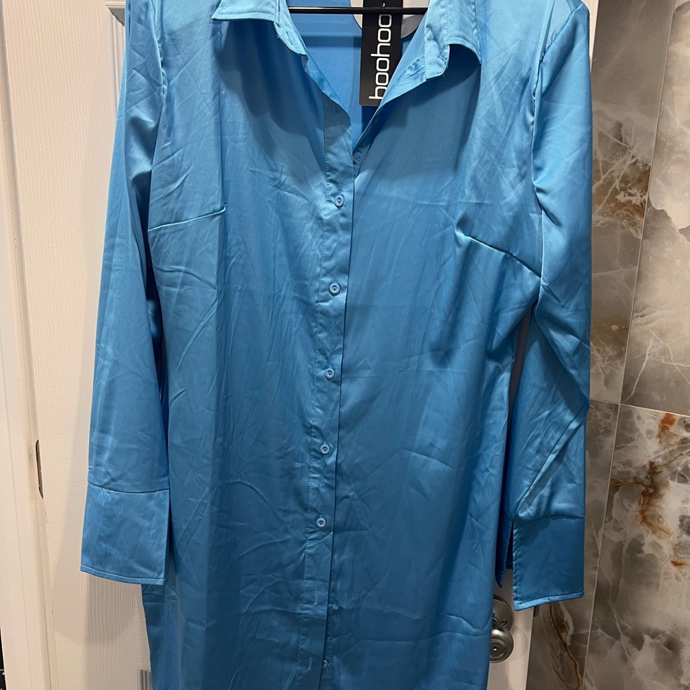 Boohoo Blue Button-Up Shirt Dress